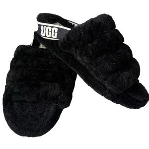 UGG Fluffita Platform Slides - Black Curly Sheepskin Sandals - Size 9
